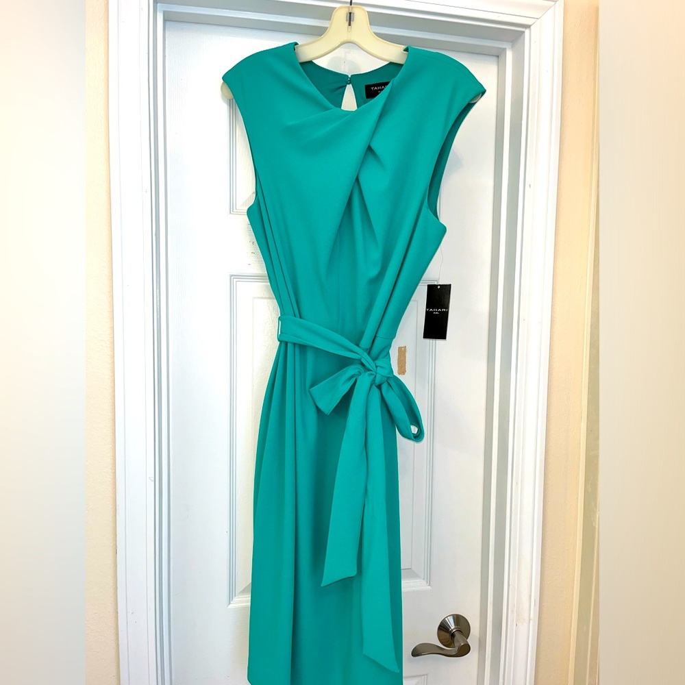Tahari cross neck dress